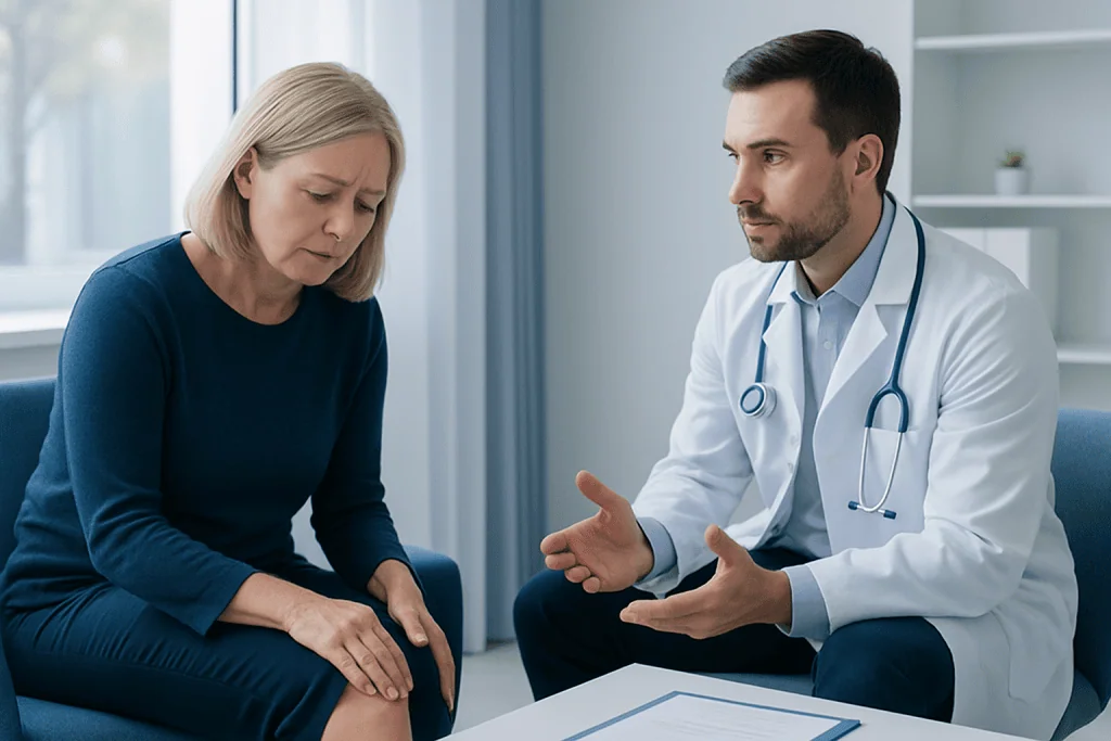 Doctor consulting with a woman about leg pain in a medical office.