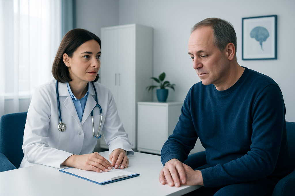 Doctor consulting with a male patient in a medical office.