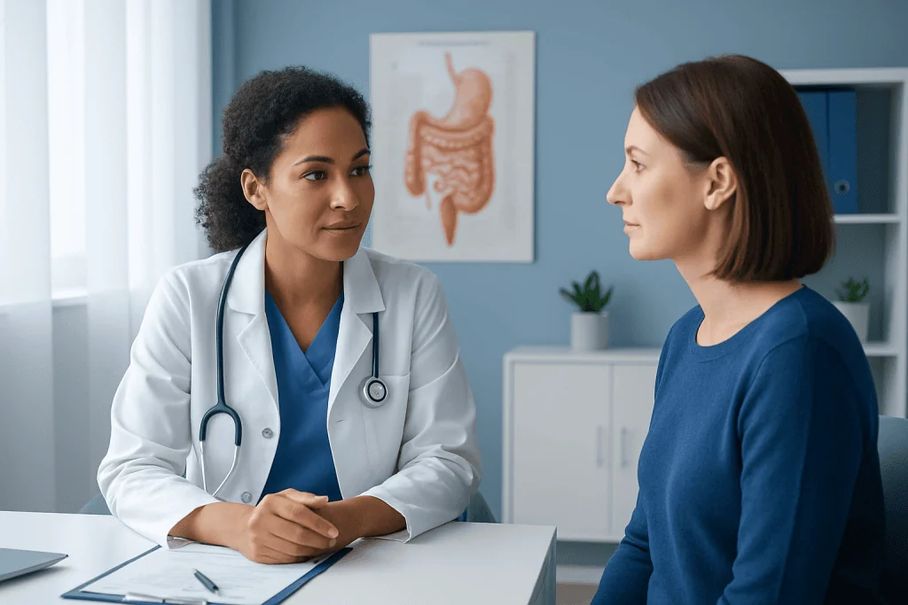 Doctor consulting with patient in medical office with digestive system diagram.