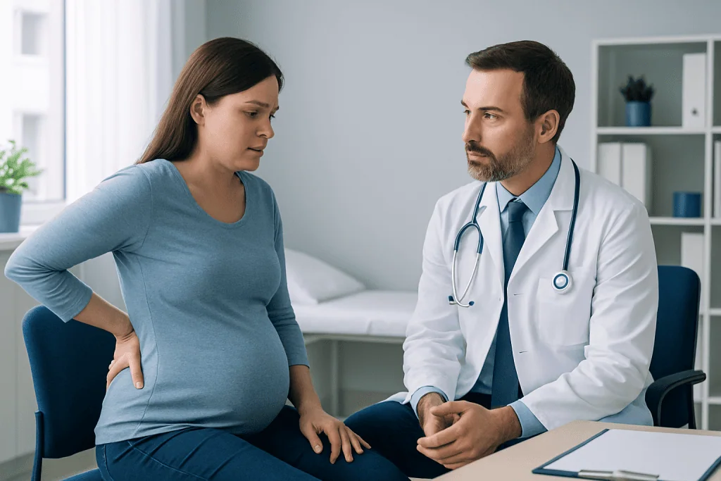 Pregnant woman consulting with a doctor in a medical office.