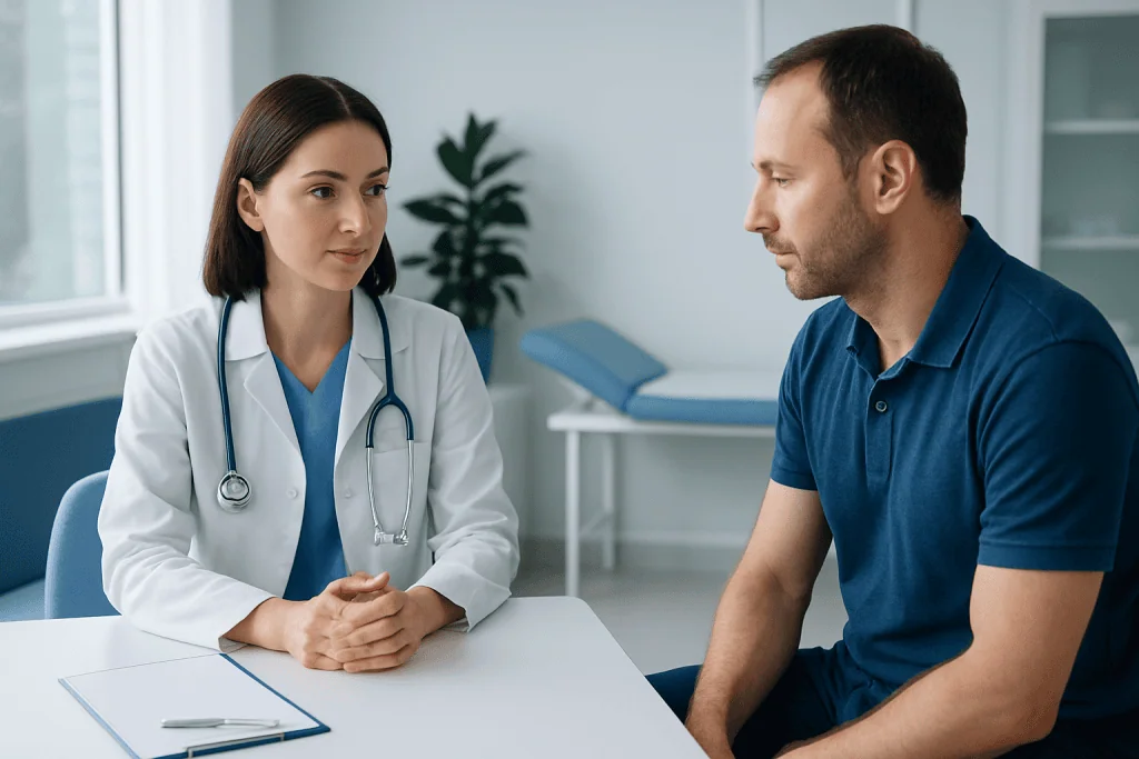 Doctor consulting patient in a medical office setting.
