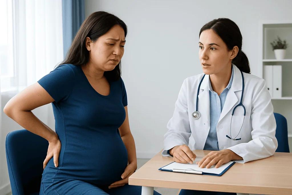 Pregnant woman consulting with a doctor about abdominal discomfort.