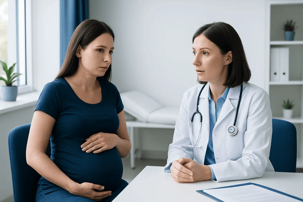Pregnant woman consulting with a doctor in a medical office.