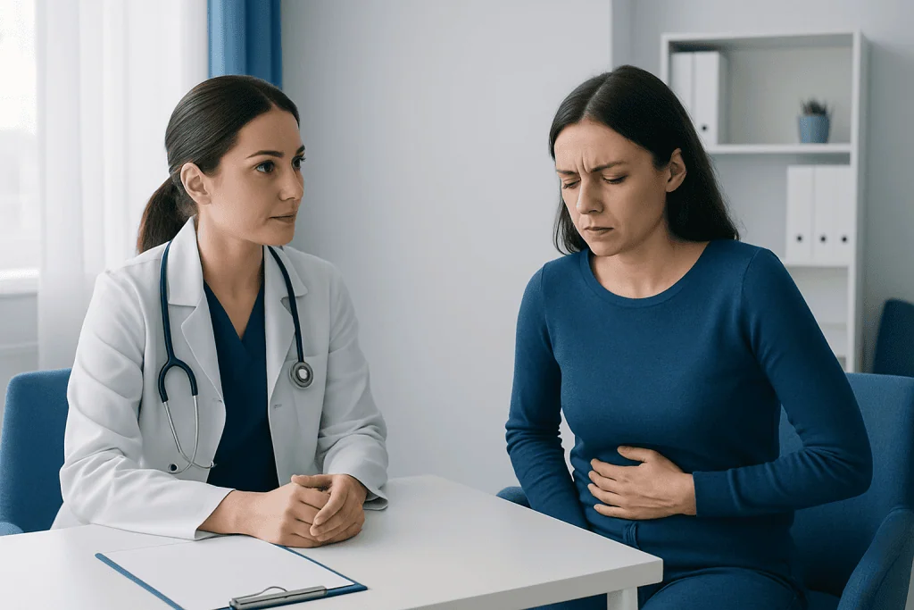 Doctor consulting with a woman experiencing nausea in a medical office.