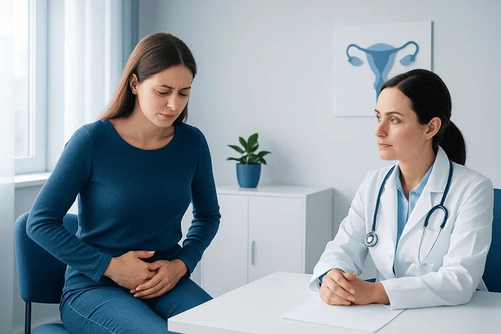 Doctor consulting with a woman patient about ovulation pain in a medical office.