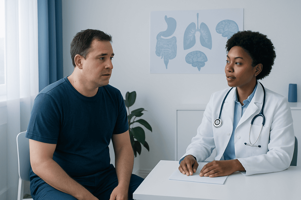 Doctor consulting with male patient in medical office with digestive system diagram.