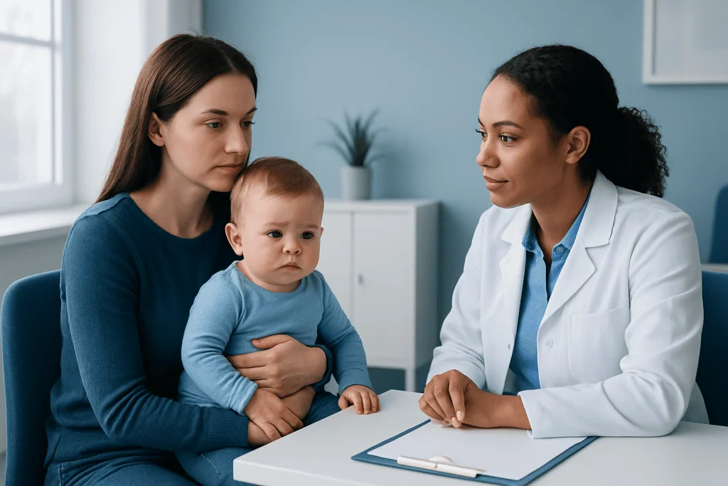 Pediatric consultation with mother and doctor discussing child's health.
