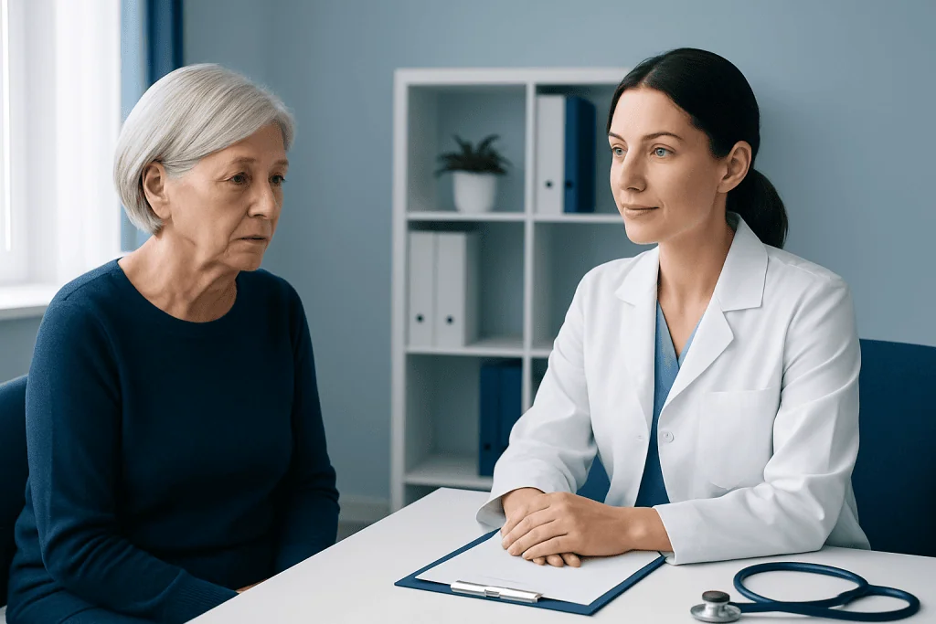 Doctor consulting with elderly woman in a medical office setting.