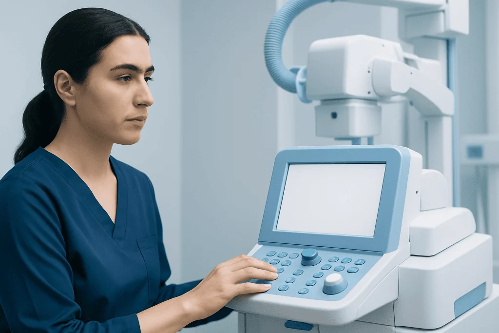Medical professional operating ultrasound equipment in a hospital setting.
