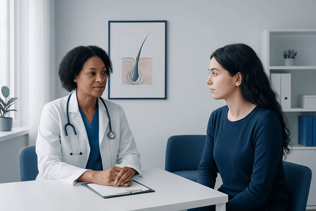 Doctor consulting with a patient in a modern medical office.