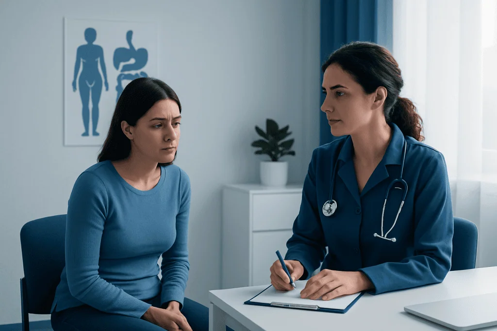Doctor consulting a patient about digestive health in a clinic setting.
