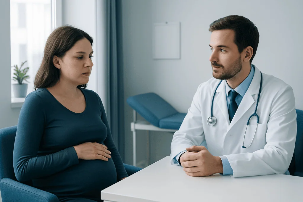 Pregnant woman consulting with a doctor in a hospital setting.