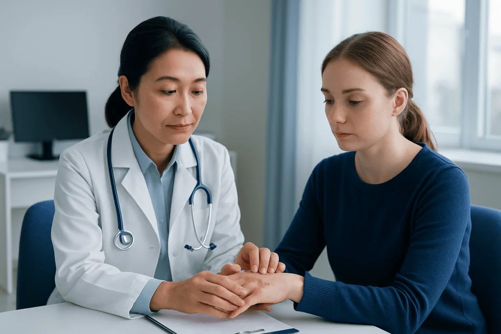 Doctor examining patient's hand for skin condition at clinic.