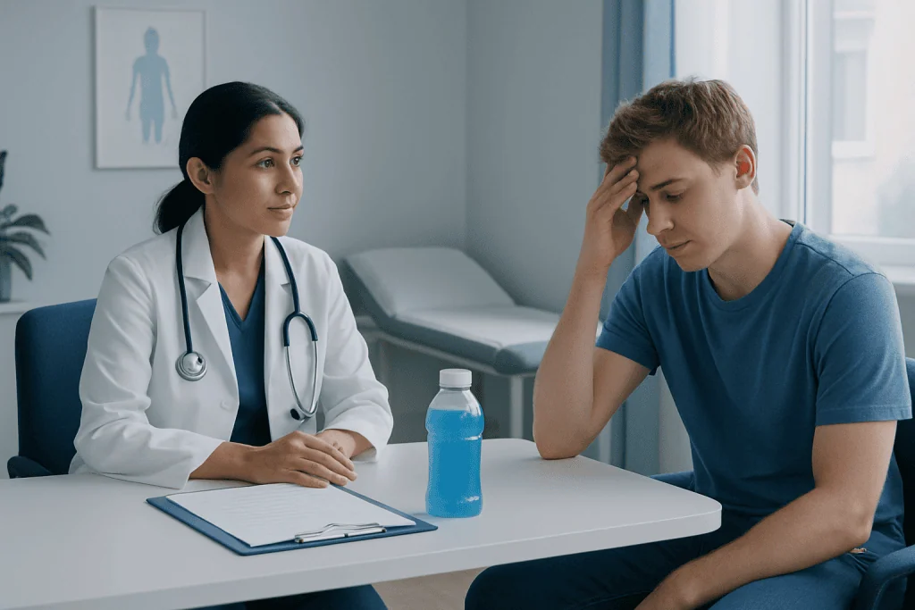 Doctor consulting young man with headache in medical office.