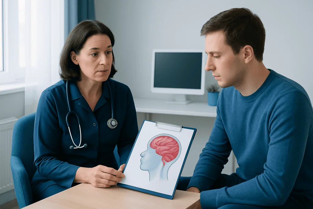 Doctor explaining brain anatomy to patient during consultation.