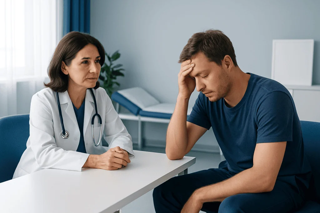 Doctor consulting with a young man experiencing heat exhaustion symptoms.