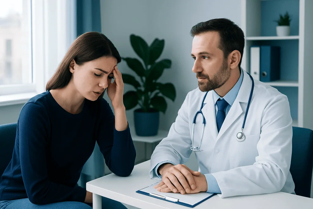 Doctor consulting with a woman experiencing headache symptoms in a medical office.