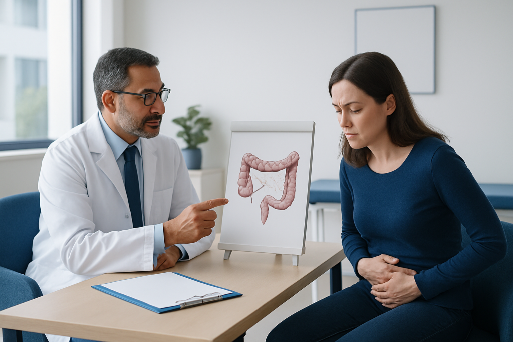 Doctor explaining colon diagram to patient in consultation room.