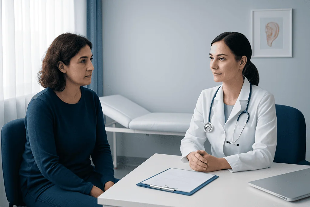 Doctor consulting a patient in a modern medical office at Acibadem Hospitals Group.