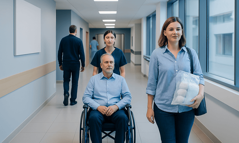 Hospital corridor with patients and staff at Acibadem Hospitals Group.