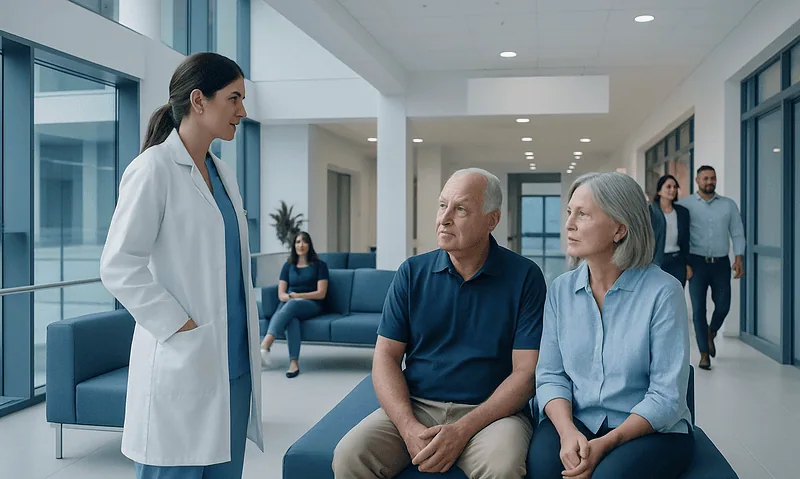 Doctor consulting elderly couple in hospital lobby.