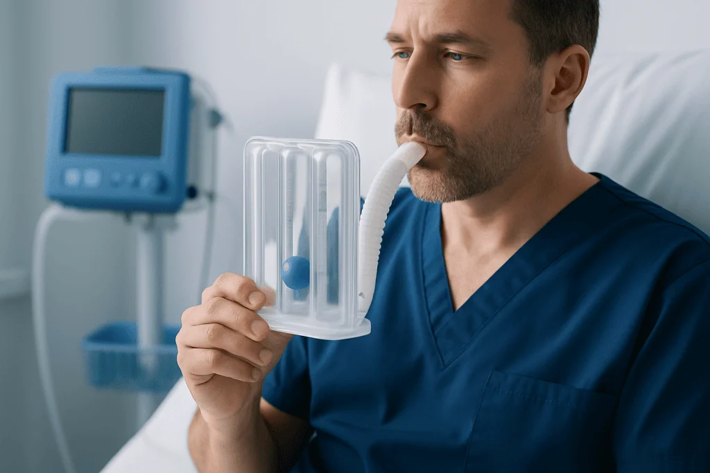 Man using an incentive spirometer in a hospital room.