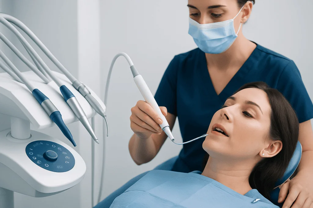 Dental professional performing oral examination with advanced equipment.
