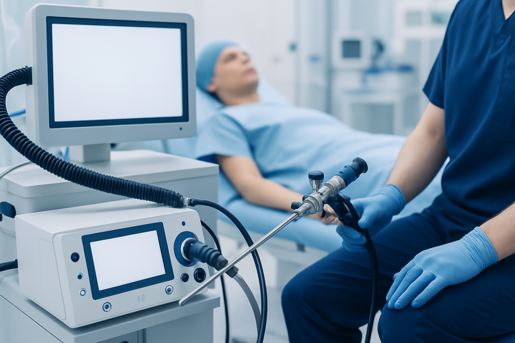 Medical professional preparing for a TURP procedure in a hospital setting.