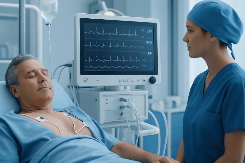 Patient undergoing cardiac monitoring in hospital with medical staff present.