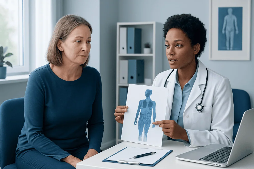 Doctor explaining human body diagram to patient in medical consultation.