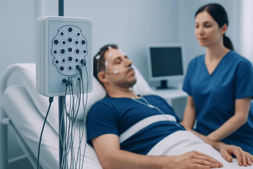 Patient undergoing sleep study with EEG electrodes at Acibadem Hospital.