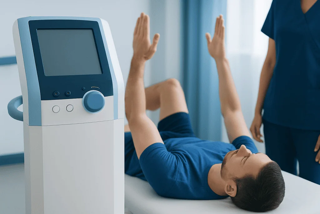 Medical professional monitoring patient performing Dead Bug exercise in clinical setting.