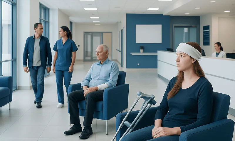 Patients waiting in a modern hospital lobby with medical staff nearby.