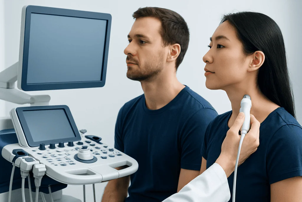 Doctor performing ultrasound examination on a patient in a medical clinic.