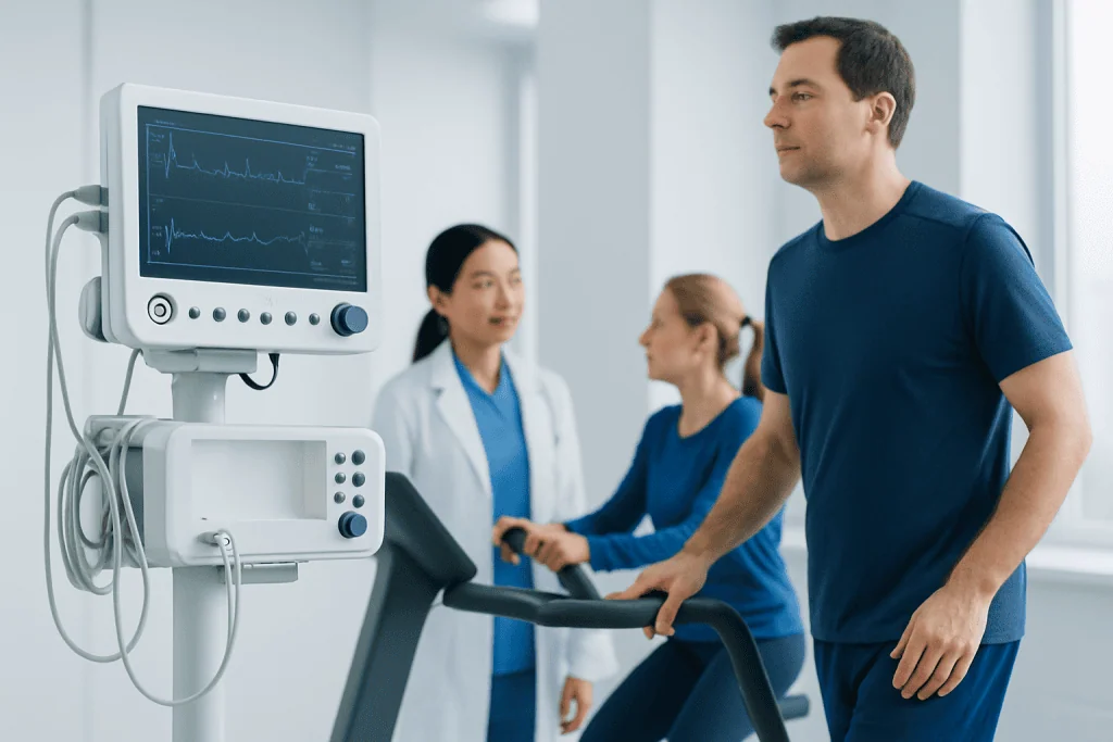Patient undergoing cardiac stress test on treadmill at Acibadem Hospital.