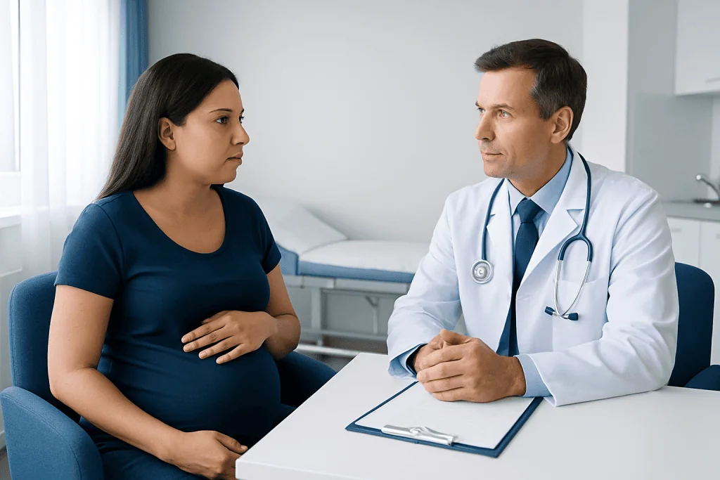 Doctor consulting pregnant woman in a medical examination room.