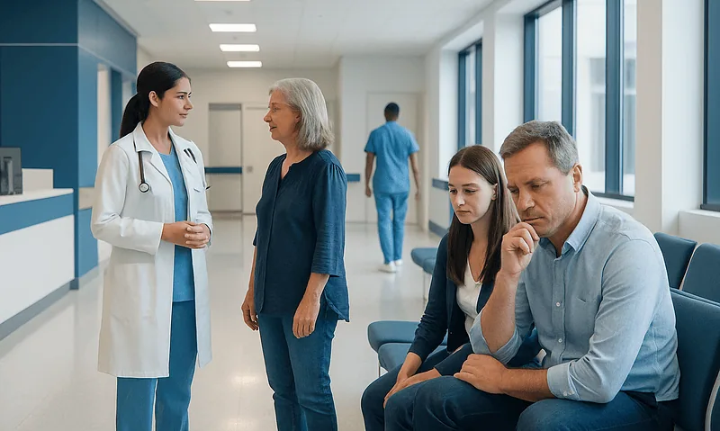 Medical consultation with a doctor and patients in a hospital corridor.