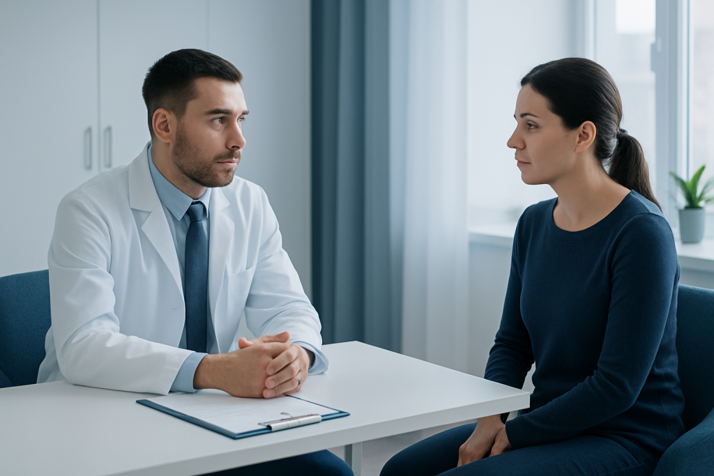 Doctor consulting with a female patient in a medical office setting.