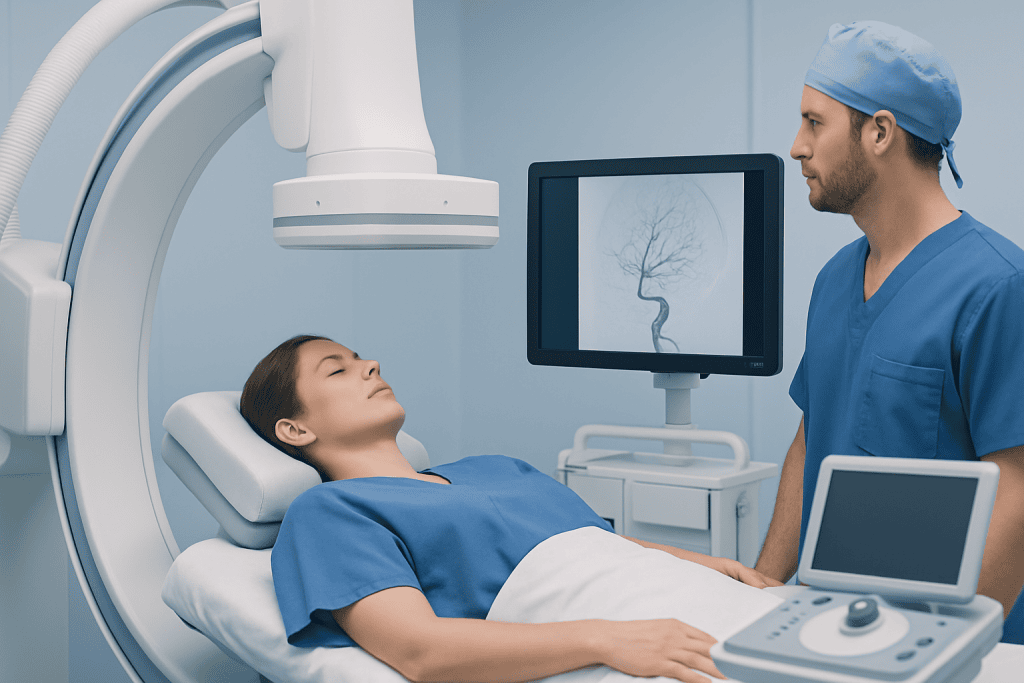 Patient undergoing cerebral angiography in a hospital setting.
