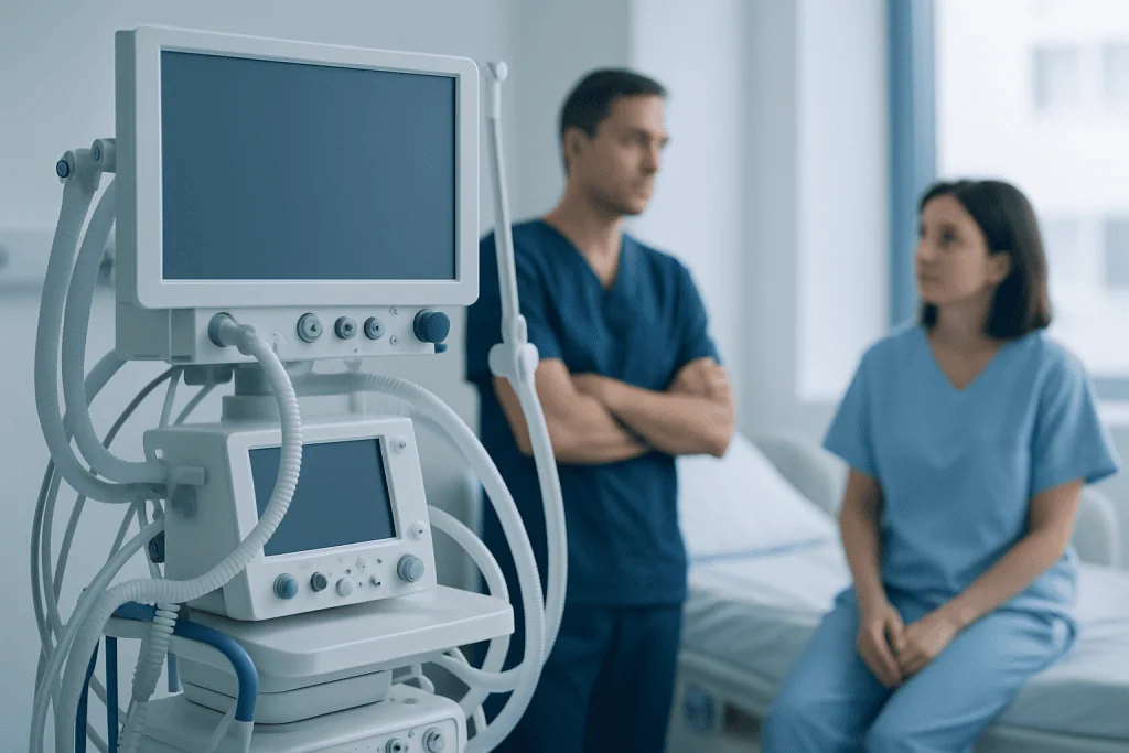 Medical professionals in a hospital room with monitoring equipment.