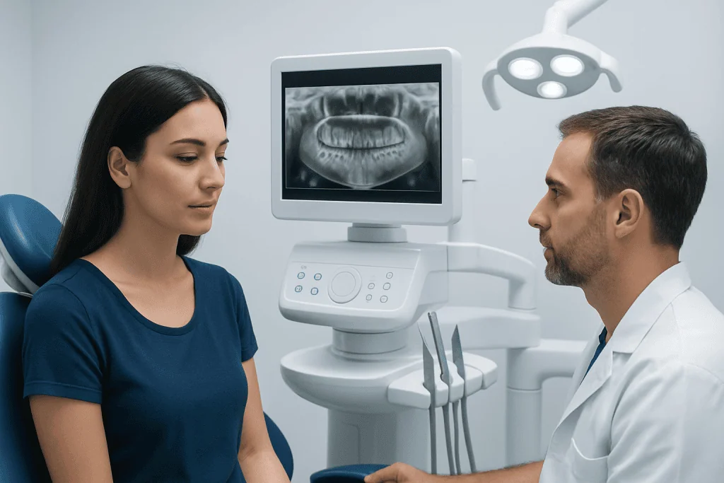 Dentist explaining wisdom teeth X-ray to patient in clinic.