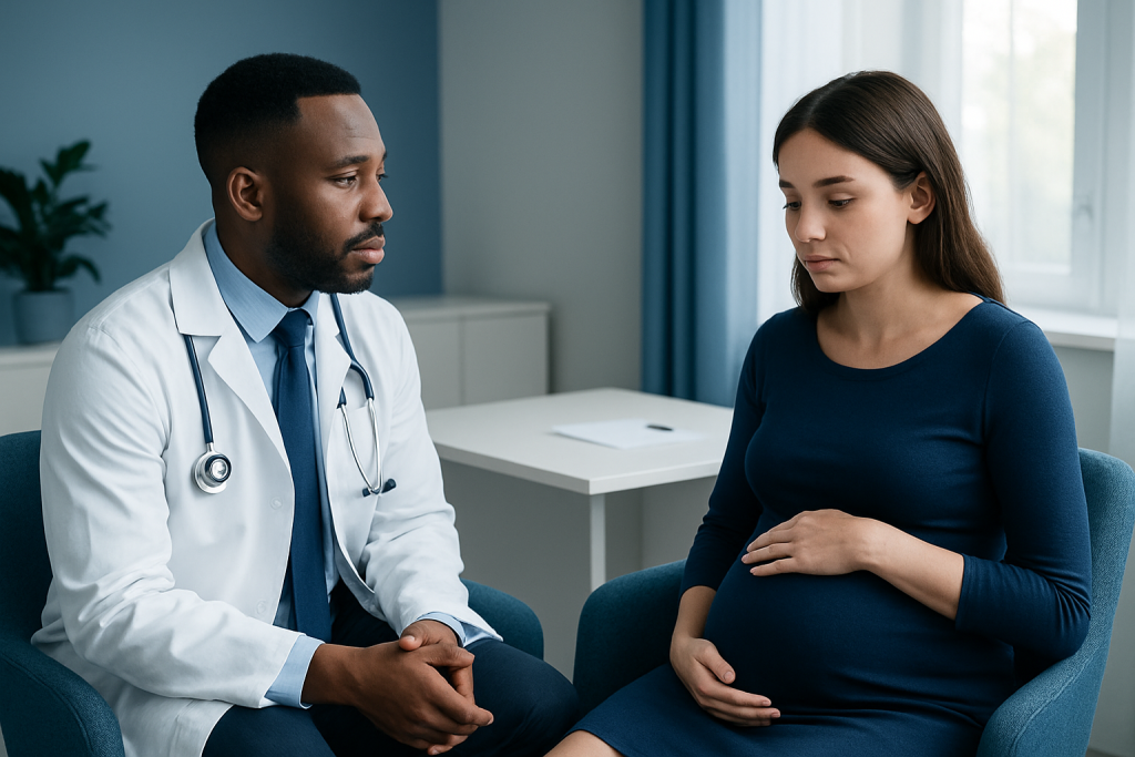 Doctor consulting pregnant woman in a medical office setting.