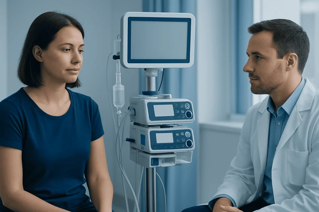 Doctor consulting patient in hospital room with medical equipment.