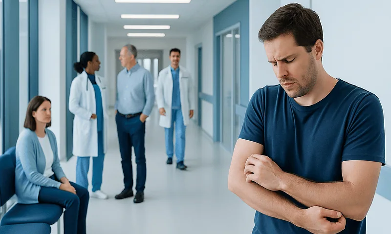 Man experiencing discomfort in hospital corridor with medical staff nearby.