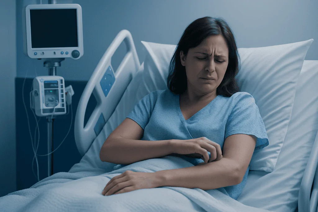 Woman in hospital bed experiencing discomfort, medical equipment nearby.