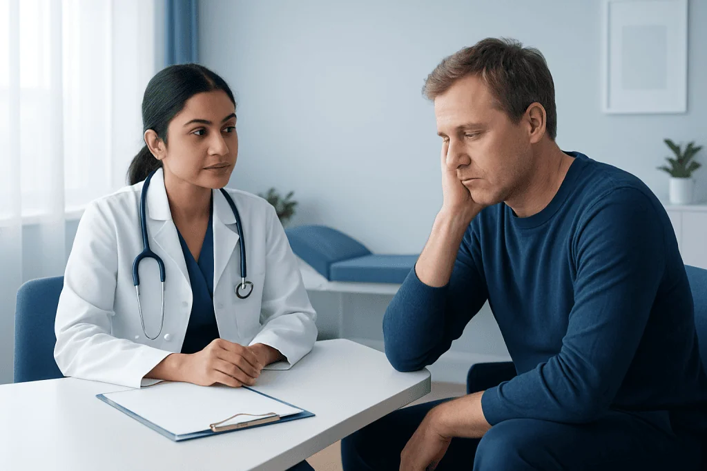 Doctor consulting with a patient about health concerns in a medical office.