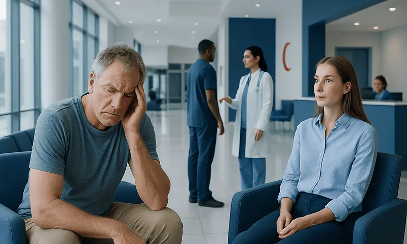 Patient experiencing discomfort in hospital waiting area with medical staff nearby.