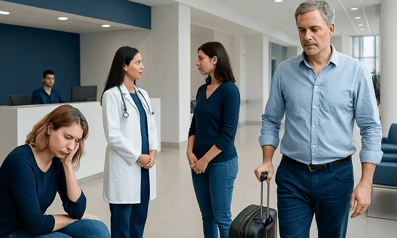 Patients and medical staff in a hospital lobby with a man waiting with luggage.