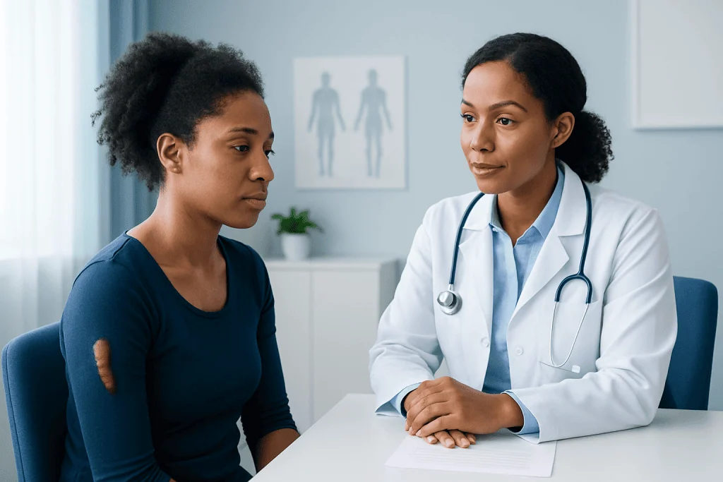 Doctor consulting with a patient about skin health in a medical office.