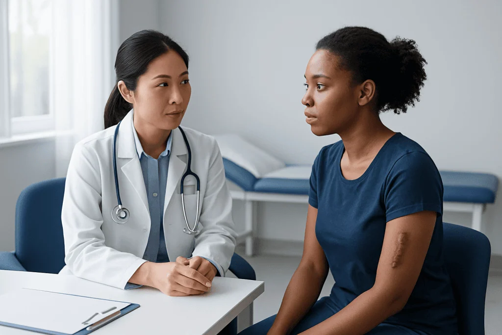 Doctor consulting with a patient about keloid scars at Acibadem Hospital.